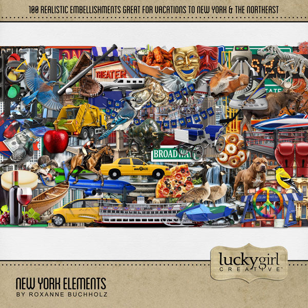 Celebrate New York with these beautiful and realistic embellishments by Lucky Girl Creative digital art for digital scrapbooking. Great for travel and vacations to New York, New York City, Upstate New York, downtown, Niagara Falls, Buffalo, Yonkers, Rochester, parts of Canada, and more. Embellishments include passenger airplane, small aircraft, airport sign, amusement park, Coney Island, carousel, bird, bluebird, Canadian Geese, finch, pigeon, Pitbull dog, park bench, catamaran, cargo ship, steamboat.