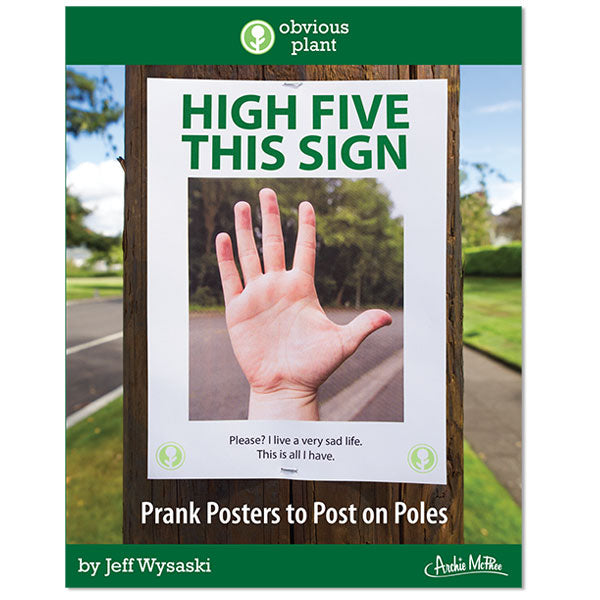 A poster featuring a photo of an open hand and the text "High Five This Sign," along with humorous notes below, is a clever prank by Obvious Plant's Jeff Wysaski. It playfully invites passersby to interact, much like the content found in the Obvious Plant - High Five This Sign Book.
