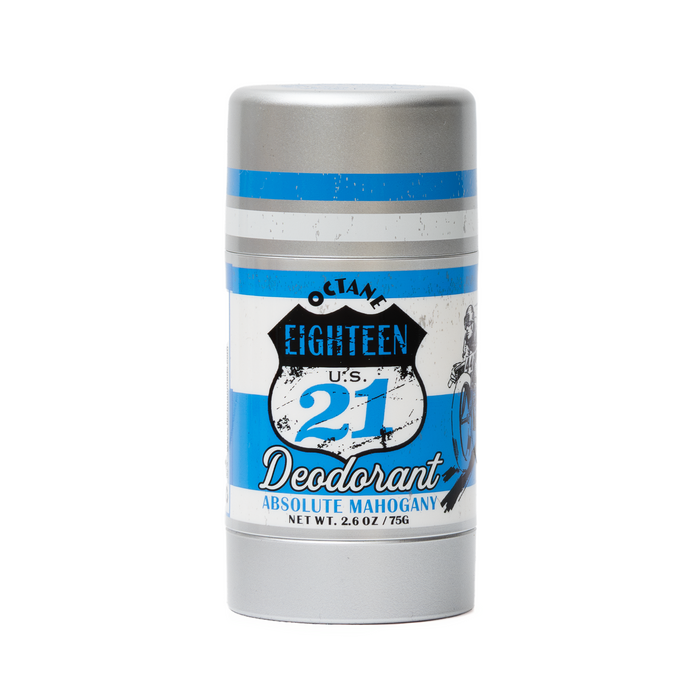 Absolute Mahogany Deodorant stick with blue and white label on a white background