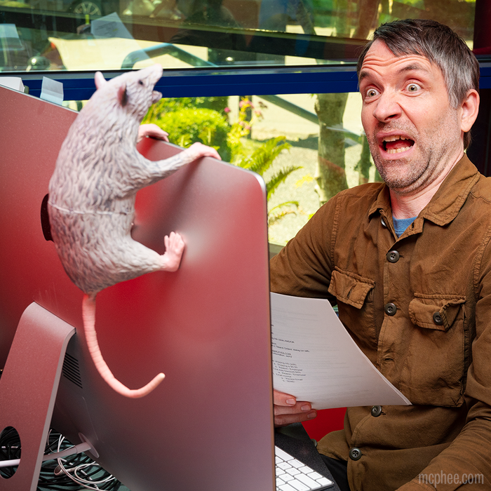 A man appears astonished as he observes an Office Possum, crafted from stuffed latex with posable paws, scaling a computer monitor.