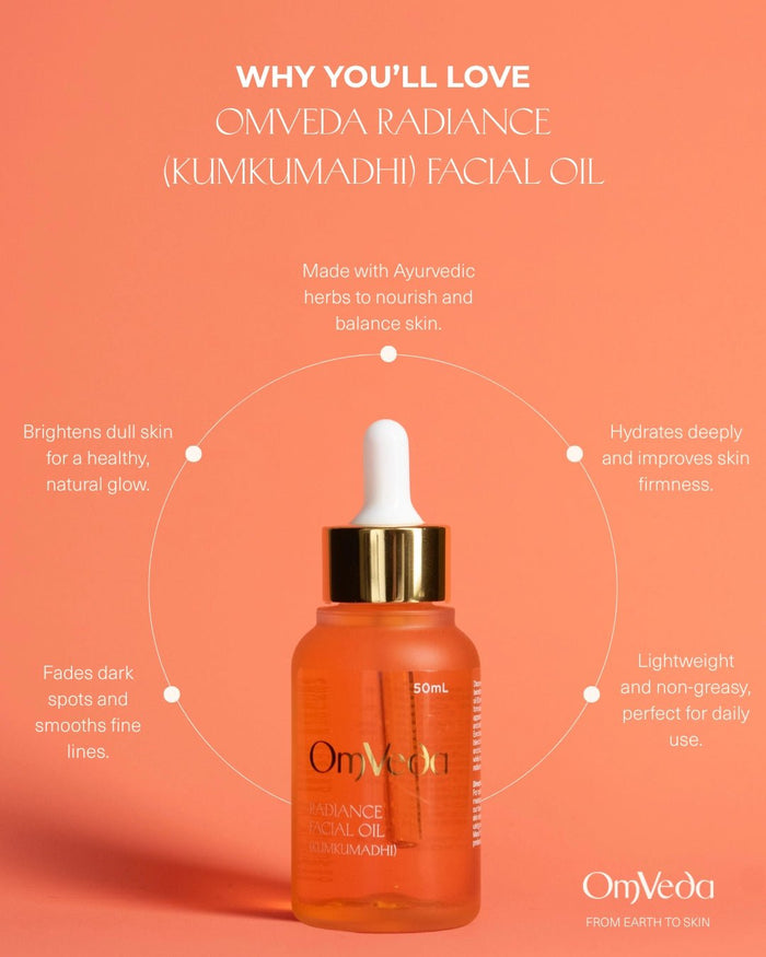 OmVeda Radiance Kumkumadi Facial Oil 50ml dropper bottle with gold cap, front view.