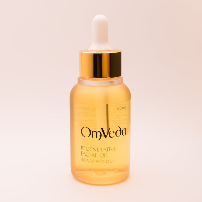 OmVeda regenerative facial oil amber bottle with white dropper, 50 ml