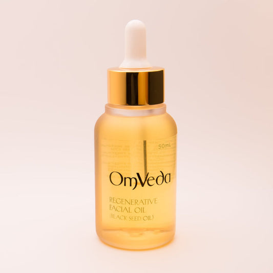 OmVeda regenerative facial oil amber bottle with white dropper, 50 ml