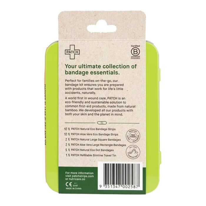Back of a bandage kit packaging with text and product details on a white background
