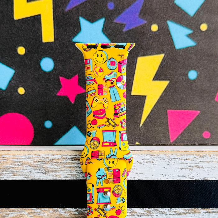 Oops It's the 90's yellow retro 90s print silicone band for Apple Watch from Fancy Bands