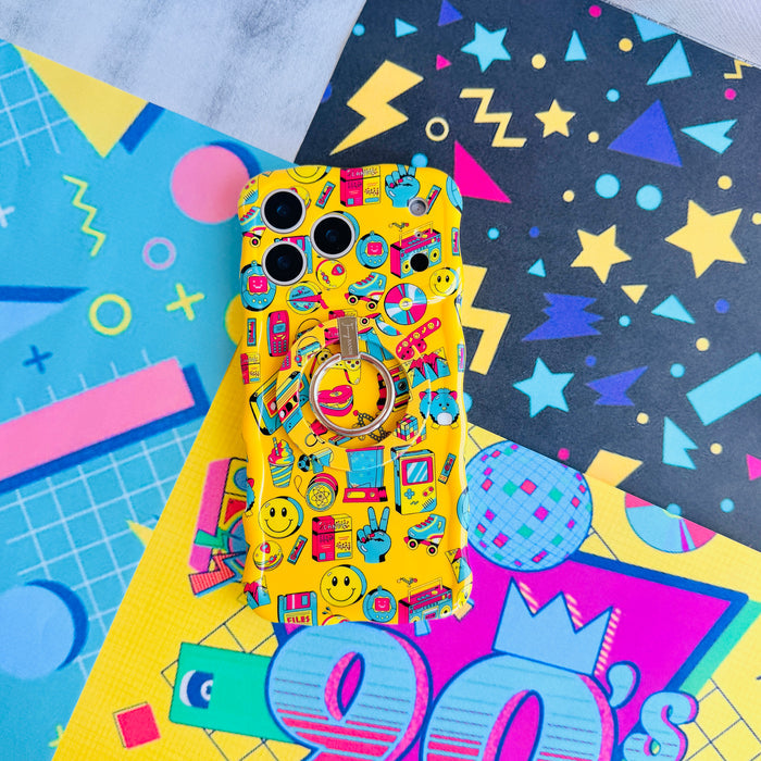 Oops, It's the 90's Wavy Luxe iPhone case with the matching MagSafe grip ring attached, styled with a disco ball and 90s graphics.