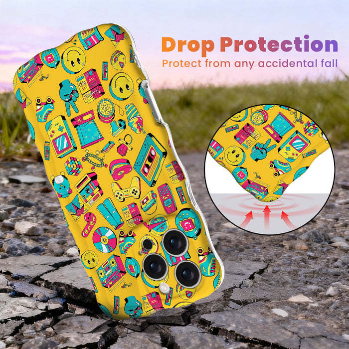 Trendy yellow wavy iPhone case featuring a vibrant 90s pop culture pattern of cassette tapes, roller skates, boomboxes, and smileys with a high-gloss finish.