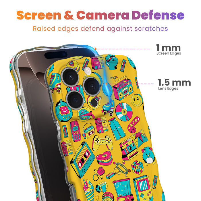 Trendy yellow wavy iPhone case featuring a vibrant 90s pop culture pattern of cassette tapes, roller skates, boomboxes, and smileys with a high-gloss finish.