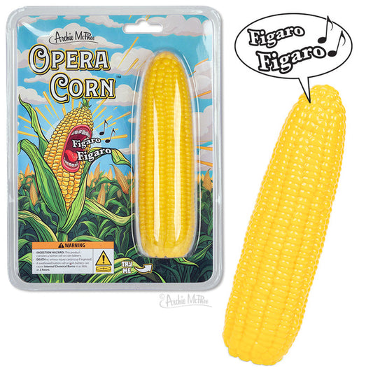 The product packaging of Opera Corn showcases a singing corn on the cob with a speech bubble exclaiming Figaro Figaro in operatic sounds.
