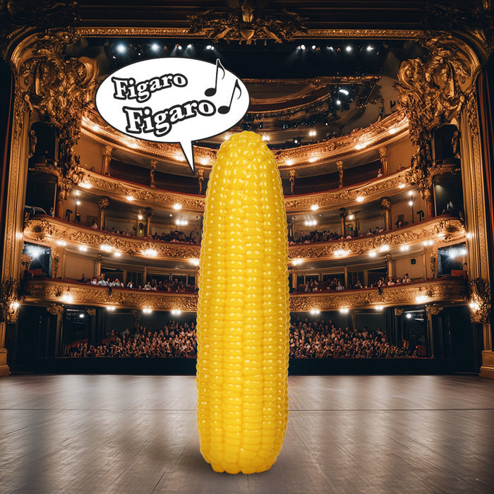 Opera Corn steals the spotlight, majestically singing Figaro Figaro with the expertise of a seasoned performer, its operatic sounds echoing through the theater like a whimsical singing corn toy brought to life.