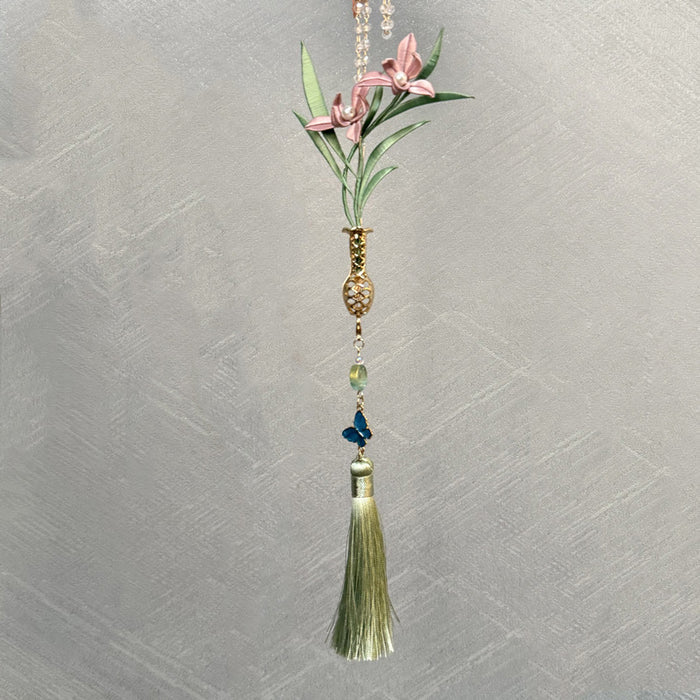 Orchid Vase Pendant Chanhua DIY Kit featuring pink silk-wrapped flowers in a gold vase with a long green tassel and blue butterfly charm.
