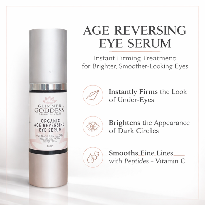 Glimmer Goddess Organic Age Reversing Eye Serum for eyes, featuring an instant firming treatment in a sleek bottle.