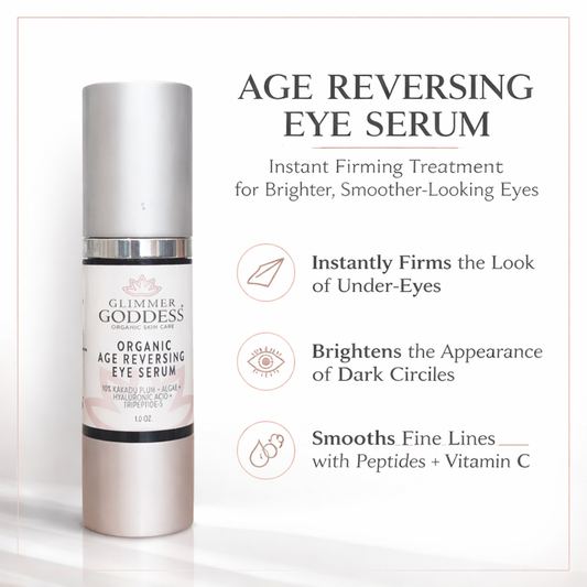 Glimmer Goddess Organic Age Reversing Eye Serum for eyes, featuring an instant firming treatment in a sleek bottle.