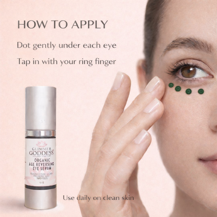 Glimmer Goddess Organic Age Reversing Eye Serum for Eyes, instant firming treatment, showing how to apply on the delicate eye area