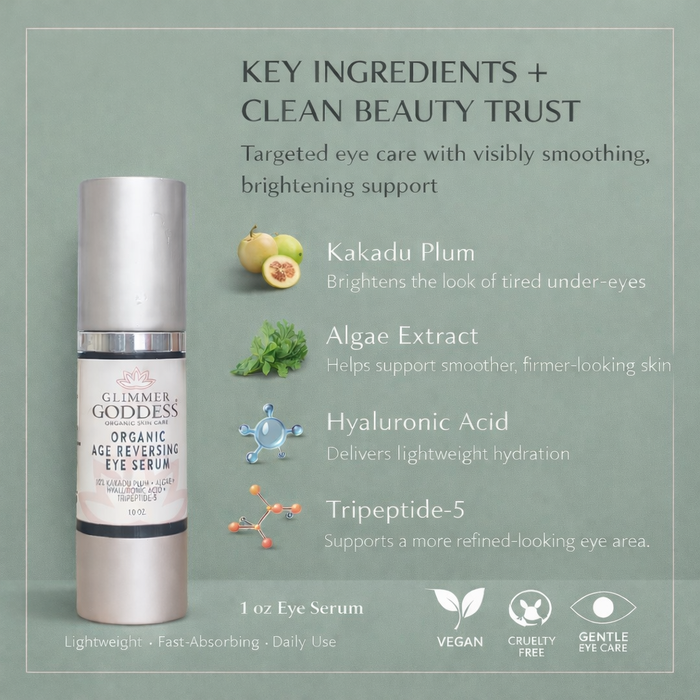 Glimmer Goddess Organic Age Reversing Eye Serum for eyes with natural ingredients, instant firming treatment for youthful looking skin.