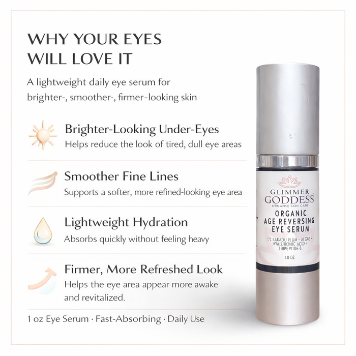 Glimmer Goddess Organic Age Reversing Eye Serum for eyes, instant firming treatment with natural skincare benefits.