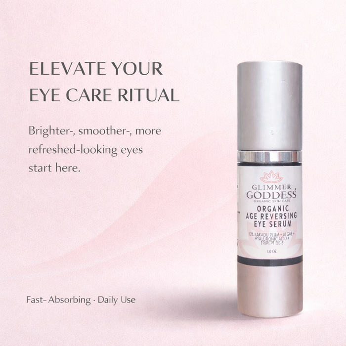 Glimmer Goddess Organic Age Reversing Eye Serum for eyes, featuring an instant firming treatment in a sleek bottle.