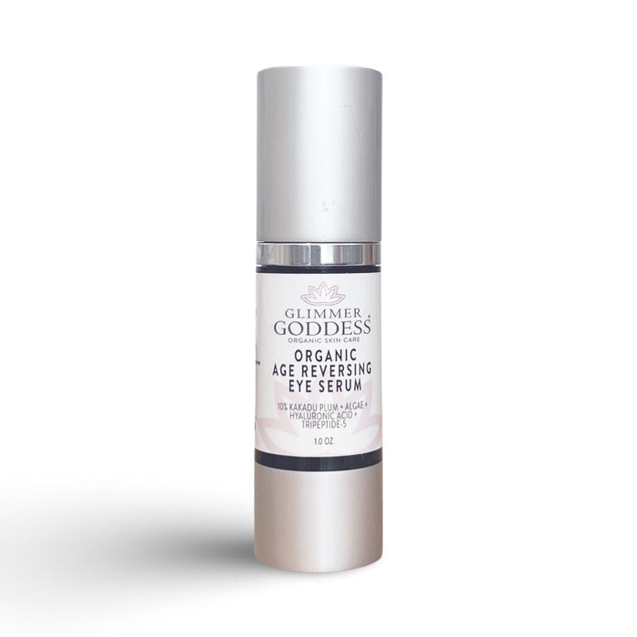 Organic age reversing eye serum with Kakadu plum, algae, hyaluronic acid, and tripeptide-5 in sleek silver bottle