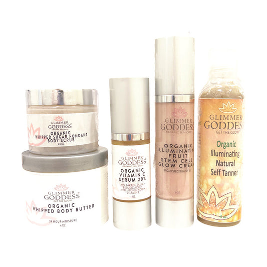 Organic Bridal Glow Essentials gift set by Glimmer Goddess® Organic Skin Care, featuring wedding day skincare products for radiant brides