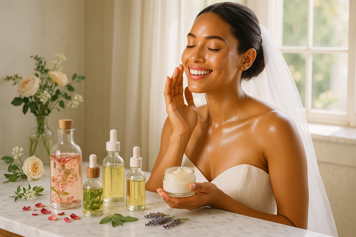 Glimmer Goddess® Organic Skin Care bridal glow gift set with skincare products for a natural, radiant wedding day look.