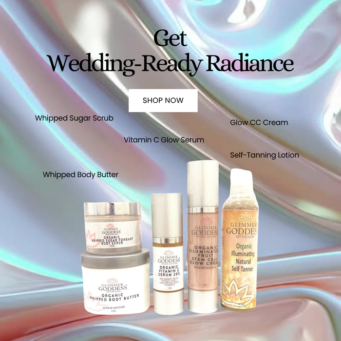 Glimmer Goddess Organic Bridal Glow Essentials gift set with skincare products for radiant wedding day skin.