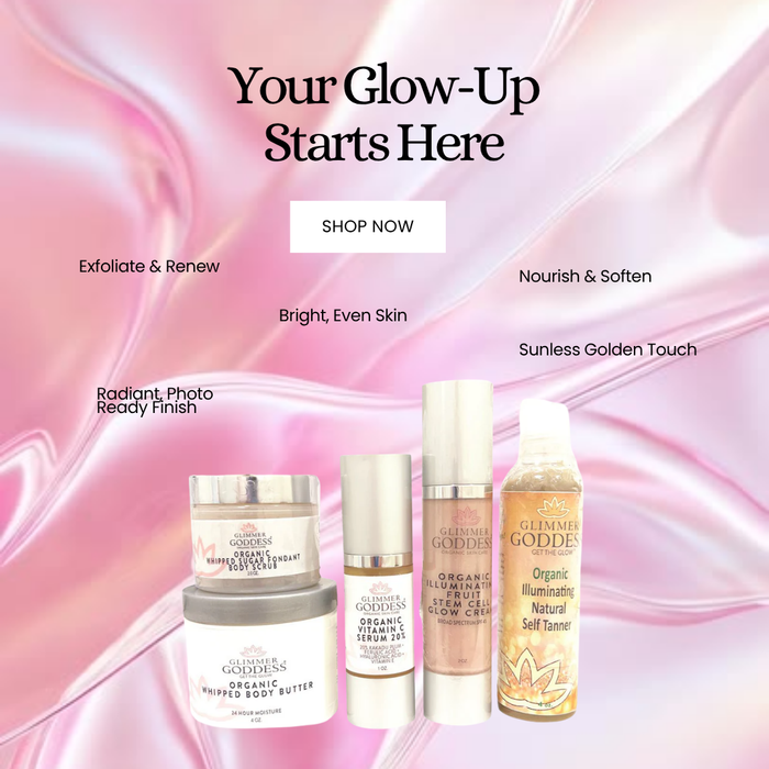 Glimmer Goddess Organic Bridal Glow Essentials gift set with skincare products for radiant wedding day skincare.