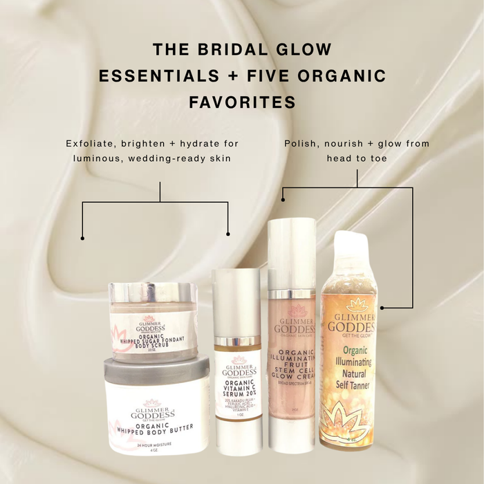 Organic Bridal Glow Essentials gift set by Glimmer Goddess® Organic Skin Care featuring wedding day skincare for radiant brides.