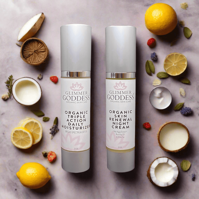 Glimmer Goddess Organic Day & Night Duo with SPF 30 moisturizer and skin renewal night cream, featuring natural ingredients and sleek packaging.