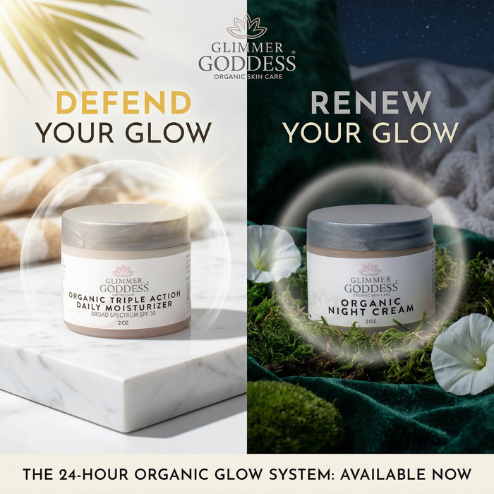 Organic Glimmer Goddess® Day and Night Duo featuring SPF 30 moisturizer and skin renewal night cream for radiant, protected skin.