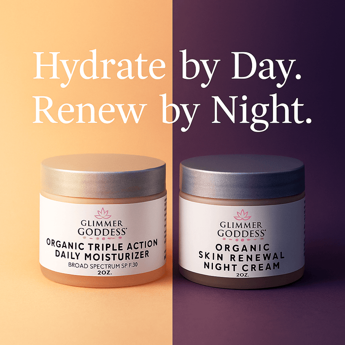 Organic Day & Night Duo by Glimmer Goddess®, featuring SPF 30 moisturizer and skin renewal night cream in elegant packaging.