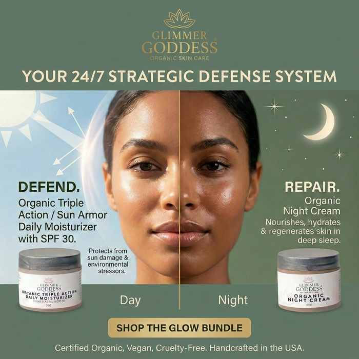 Organic Day & Night Duo face cream set by Glimmer Goddess® with SPF 30 moisturizer and skin renewal night cream.