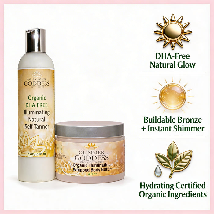 Glimmer Goddess Organic DHA-Free Self Tanner and Bronzing Shimmer Bundle with lotion and shimmering bronze accents.