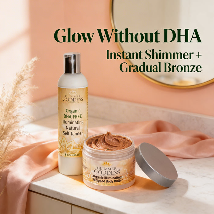 Organic DHA-free self tanner and bronzing shimmer lotion from Glimmer Goddess® with natural bronze finish and shimmering glow.