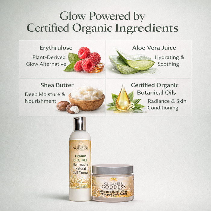 Glimmer Goddess Organic Skin Care DHA-free self-tanner with bronzing shimmer, featuring a tan applicator brush and glowing bronze finish.