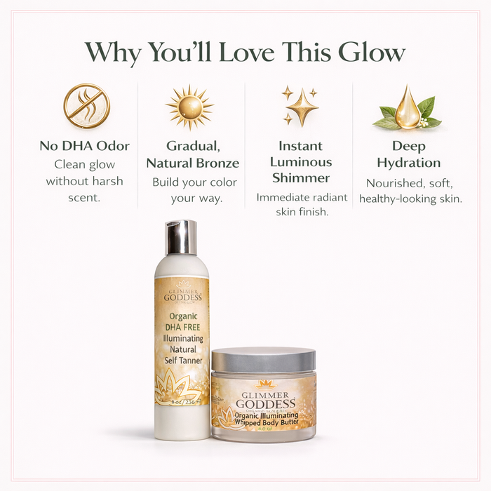 Glimmer Goddess Organic self-tanner with bronzing shimmer, DHA-free formula, showcasing a smooth, glowing skin finish.