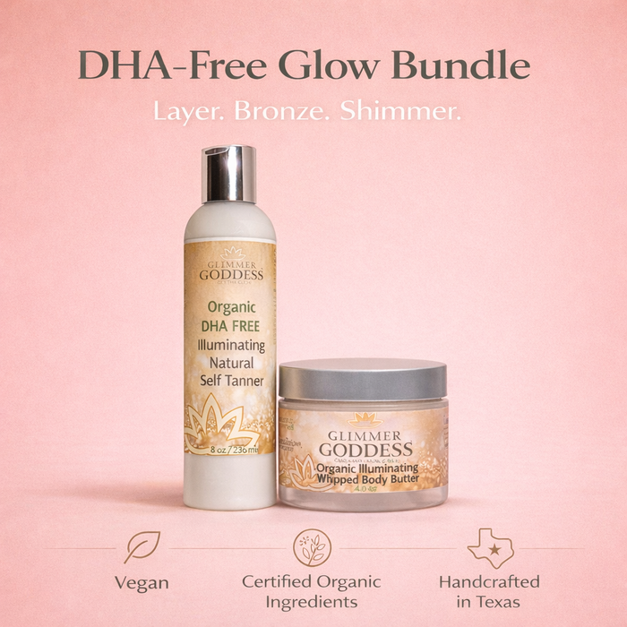 Glimmer Goddess Organic Skin Care DHA-Free self tanner and bronzing shimmer bundle with natural bronze glow and shimmering finish.