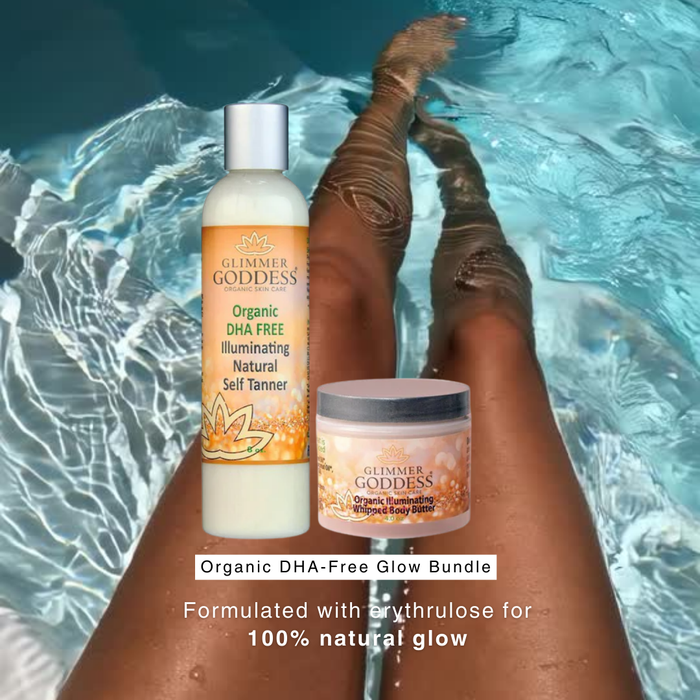 Glimmer Goddess Organic DHA-Free Self Tanner and Bronzing Shimmer Bundle with glowing lotion and shimmering butter for radiant skin.
