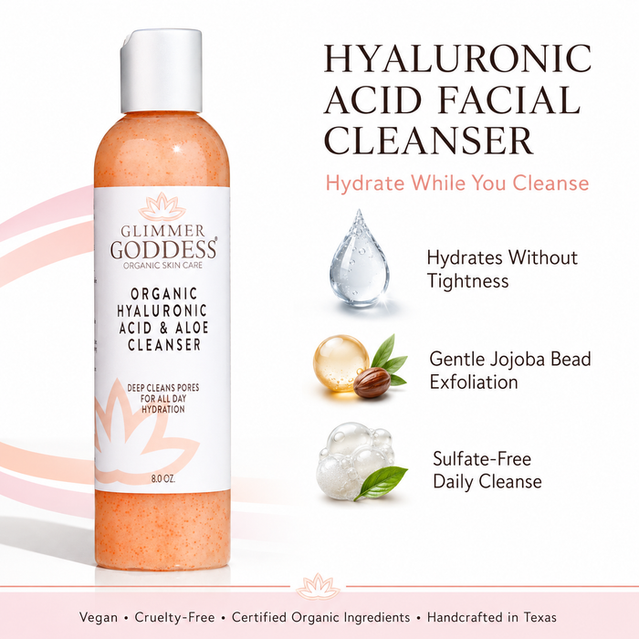 Organic hydrating facial cleanser with exfoliating jojoba beads from Glimmer Goddess Organic Skin Care, featuring hyaluronic acid for moisture.