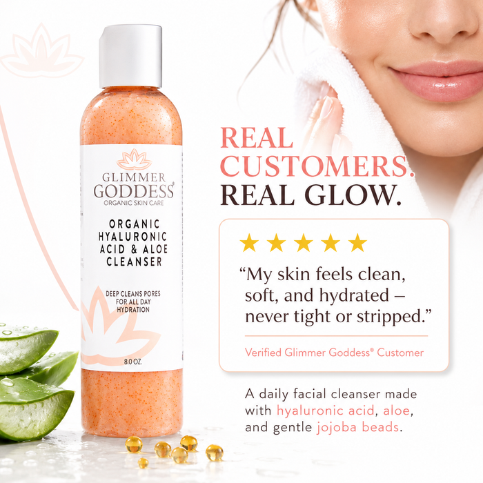 Glimmer Goddess Organic Hydrating Facial Cleanser with exfoliating Jojoba Beads, 8 oz, featuring hyaluronic acid for gentle cleansing.