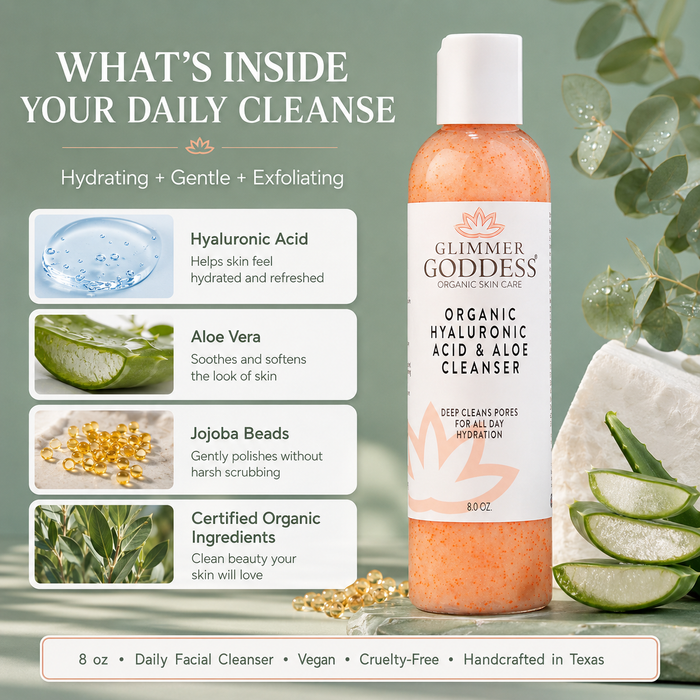 Organic Hydrating Facial Cleanser with Jojoba Beads by Glimmer Goddess® showing ingredients including hyaluronic acid and exfoliating beads.