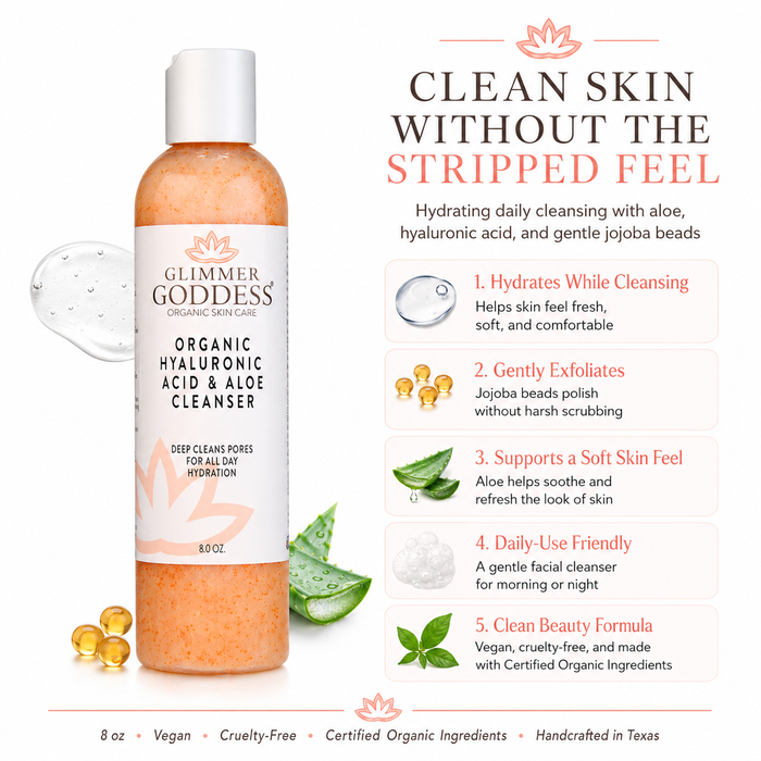 Organic hydrating facial cleanser with exfoliating jojoba beads by Glimmer Goddess® Organic Skin Care, featuring a hyaluronic acid formula.