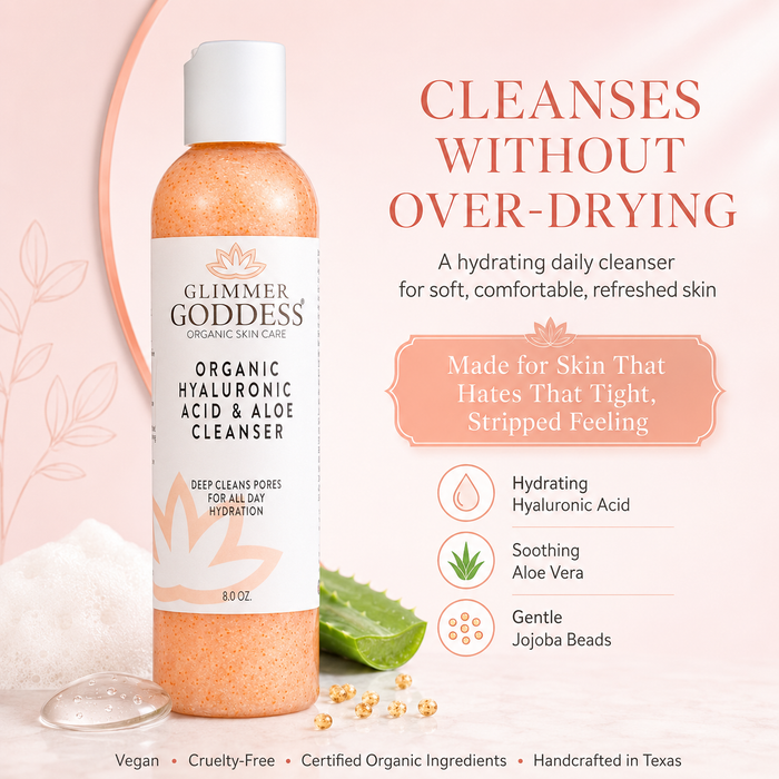 Organic hydrating facial cleanser with exfoliating jojoba beads by Glimmer Goddess® Organic Skin Care, featuring hyaluronic acid for smooth skin.