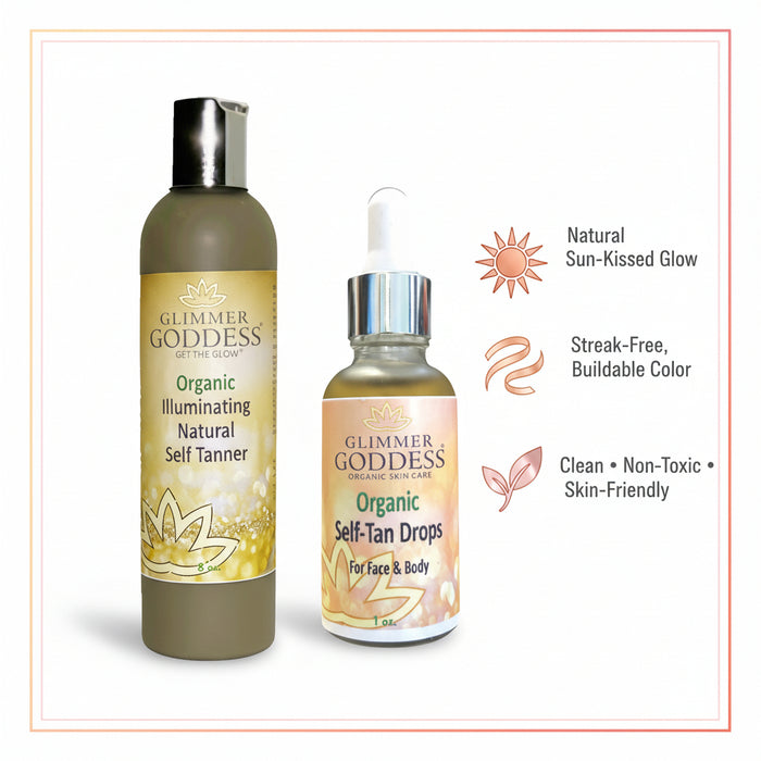 Glimmer Goddess Organic Self Tanner and Self Tan Drops bundle for natural sunless tanning, featuring two products in the skincare kit.