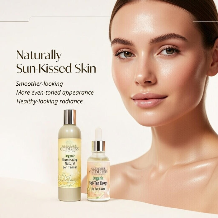Glimmer Goddess Organic Self Tanner and Self Tan Drops bundle for natural sunless tanning in a skincare kit.