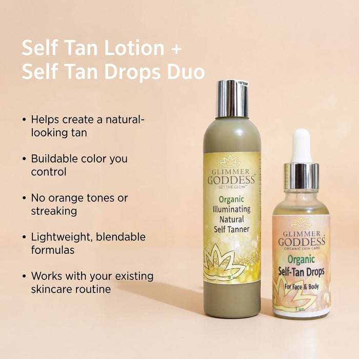 Glimmer Goddess Organic Self Tanner and Self Tan Drops bundle for natural sunless tanning, featuring a tanning lotion and drops.