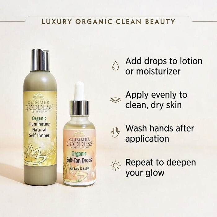 Glimmer Goddess Organic Self Tanner and Self Tan Drops bundle, natural sunless tanning kit with two self-tanning products.
