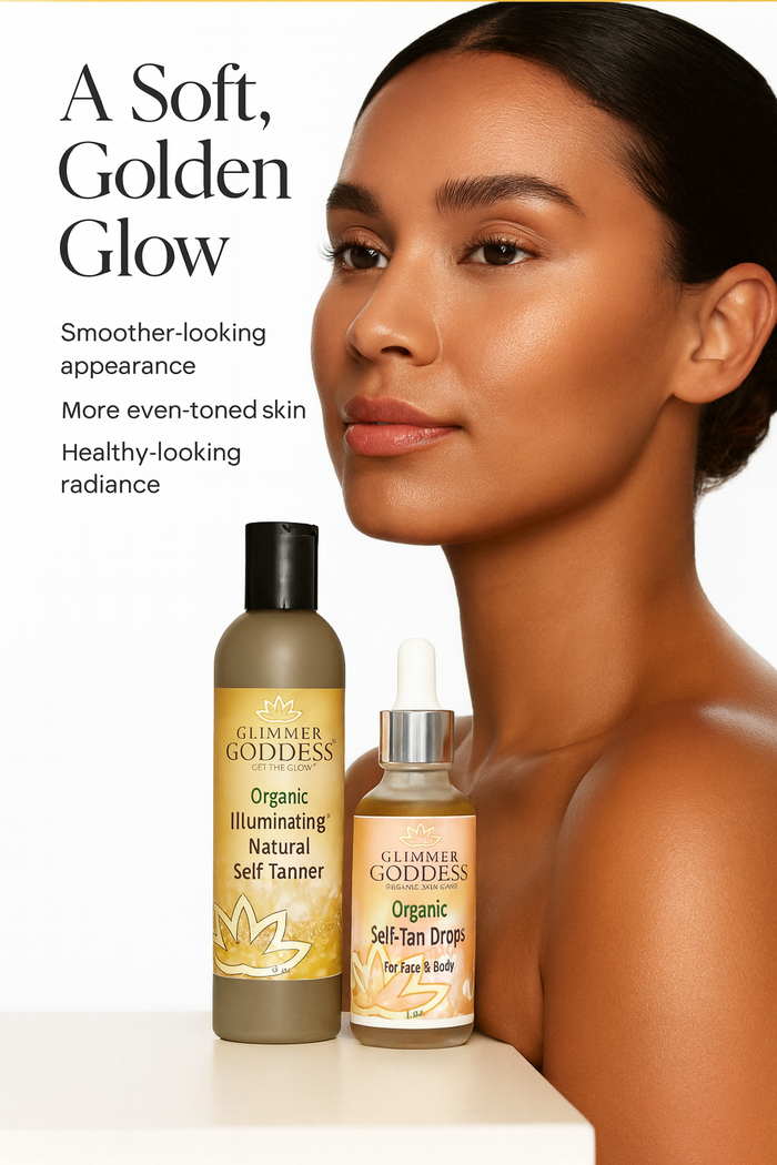 Glimmer Goddess® Organic Self Tanner and Self Tan Drops bundle featuring natural sunless tanning products in a skincare set.