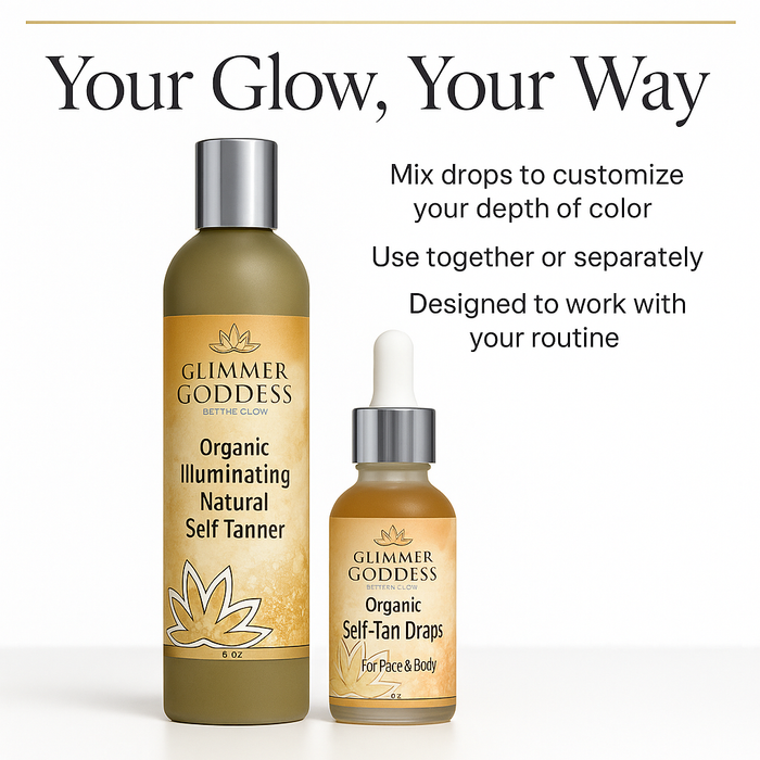 Glimmer Goddess Organic Self Tanner and Self Tan Drops bundle with natural sunless tanning products and application tools.