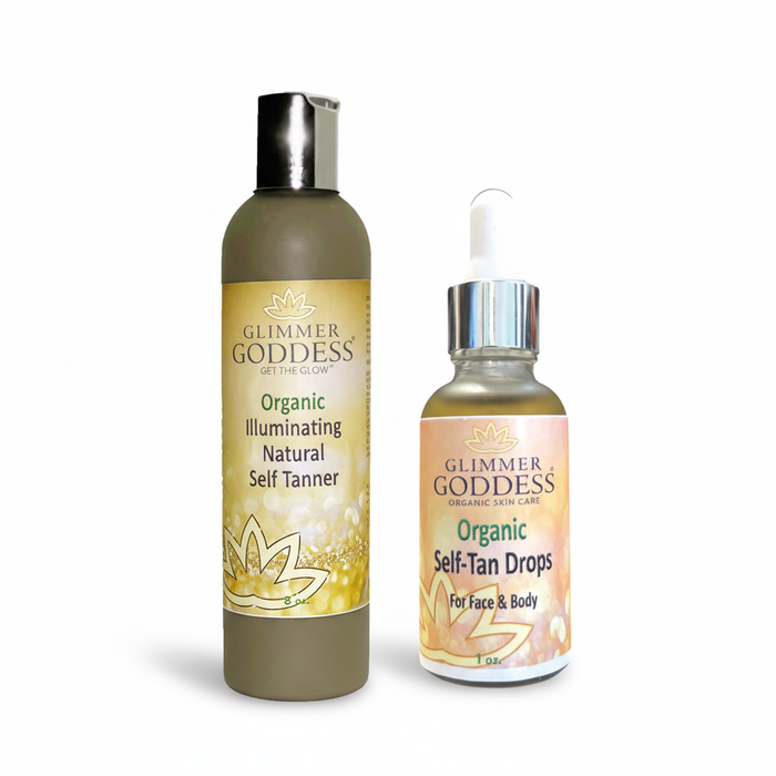 Glimmer Goddess Organic Self Tanner and Self Tan Drops bundle for natural sunless tanning, featuring a self tanning lotion and drops.