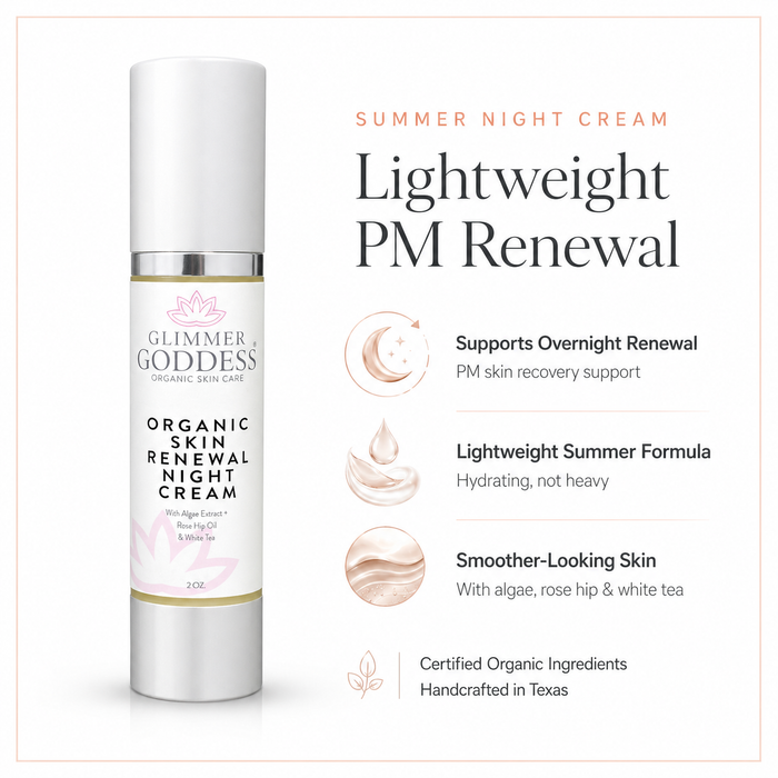 Organic Skin Renewal Night Cream by Glimmer Goddess® Organic Skin Care, 2 oz, moisturizing cream with anti-aging benefits.